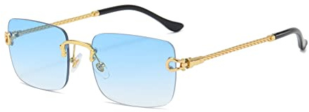 kachawoo Rechteck randlose Sonnenbrille Kleine Luxus Sonnenbrille für Frauen Mädchen Rahmenlose Gold Metall Beine Brillen (gold with blue)