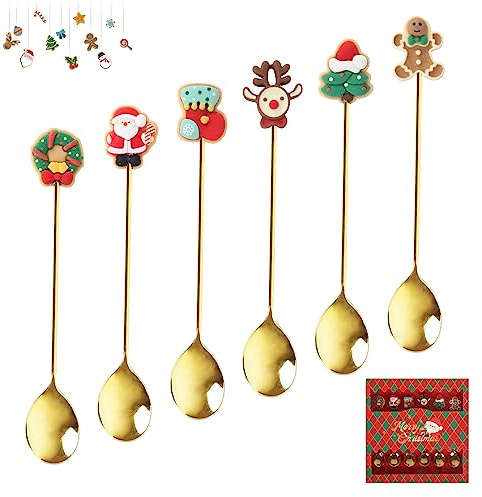 6 Pieces Christmas Coffee Spoons, Gold Christmas Stirring Spoons, with Christmas Tree, Santa Claus, Elk, Christmas Socks for Soup Dessert Espresso Tea (JSCS0705)