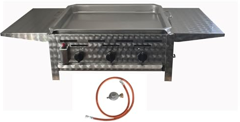 BSR-Grillen 3-flammiger Profi Gasgrill aus Edelstahl, stufenlos regelbar, Gasbräter, Gastrogrill, Gastrobräter mit Gasschlauch und Druckminderer (Gasgrill 13,5 KW | Edelstahlpfanne | Seitenablagen)