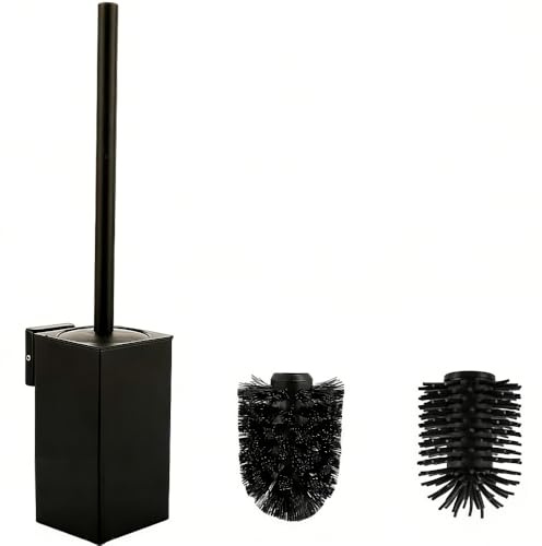 Klobürste Wandmontage Schwarz 8x8x42cm Silikon Toilettenbürste Schwarz Wandmontage Silikon Klobürste Inklusive 2 Bürstenköpfe Quadratische WC-Bürstenhalterung aus 304-Edelstahl für das Badezimmera