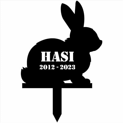 INDIGOS UG - Grabschmuck Hase - 30 cm - wetterfester Gedenkpfahl als Grabstecker - Wunschname & Datum - Schilder selbst gestalten Wunschtext - Haustier, Kaninchen, Trauer