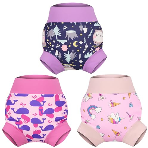 MOEMOE BABY Pannolino da nuoto, Riutilizzabile Costume Contenitivo per Bambini Neonato Neonata,3 pezzi,rosa,S/2T/1-2 Anni