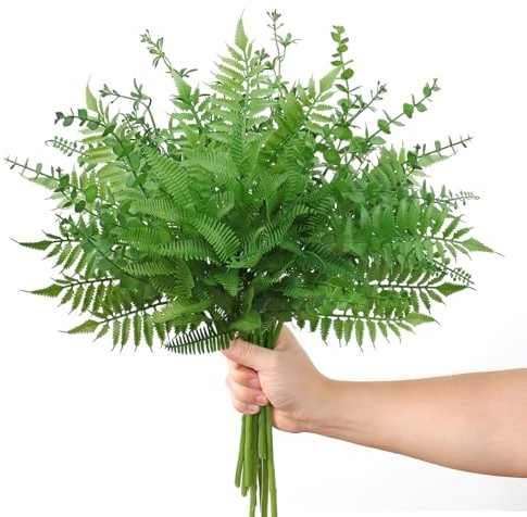 Betylifoy Tallos mixtos de hojas de eucalipto, 12 unidades, plantas artificiales, helecho Boston, ramas falsas, arbustos sintéticos, arbustos verdes, resistentes a los rayos UV, planta para jarrón,
