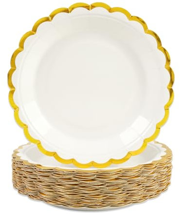 DHAIQC 50 Pièces Assiette Jetable Festonnées 23cm, Blanc Assiettes en Carton Vaisselle Jetable Anniversaire pour Barbecue Anniversaire Fête Douche de bébé Mariages (Or Blanc, 23cm)