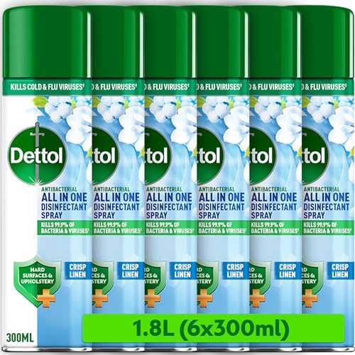 Dettol, Antibacterial Spray, Crisp Linen, 1.8L (300ml x 6pck) Disinfectant, Household Sanitiser, Hard Surfaces, Upholstery cleaner, No Wiping, Kills 99.9 Percent of bacteria