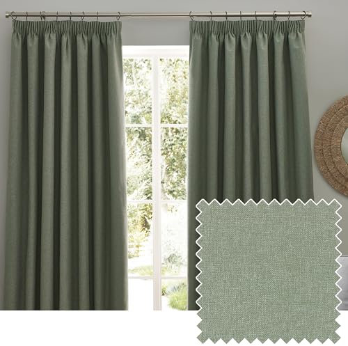 furn. Dawn Textured Blackout Pencil Pleat Curtains – Thermal Lined Pair (Eucalyptus - Width 117 x Drop 137cm)