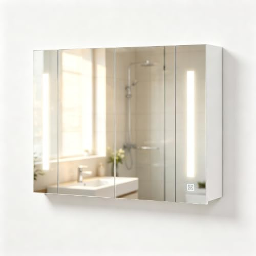 ZBAOLTO Spiegelschrank Bad mit Beleuchtung weiß 80x15x60 cm | Badezimmerschrank hängend ,Zwei Türen und drei Regale Spiegelschränke fürs Bad Mirror Cabinet für Duschraum Modern