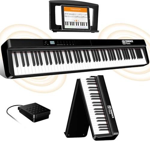 TERENCE Foldable Digital Piano 88 Weighted Keys Full Size Electric Piano Keyboard with 2000mAh Rechargeable Battery 2x25W Speakers Display Function Keys Support MIDI Interface Bluetooth Sticker Bag