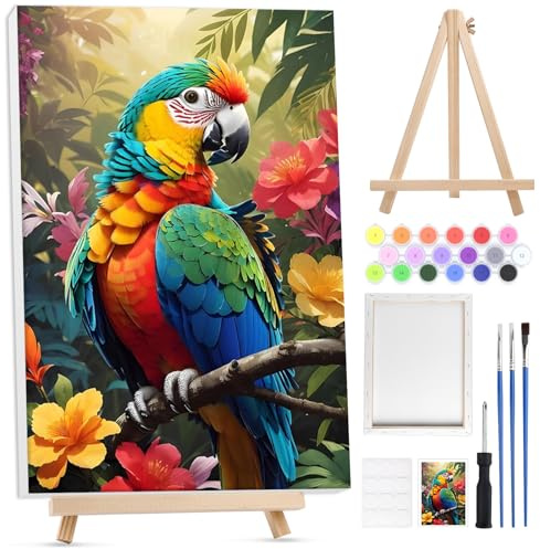 Lxmsja Loro Pintar por Numeros Adultos con Marco, con Caballete de Madera, DIY Cuadros para Pintar por Números Loro, Pájaro Pintura Acrilica Lienzos Manualidades Decoracion Hogar Pared 20x30cm