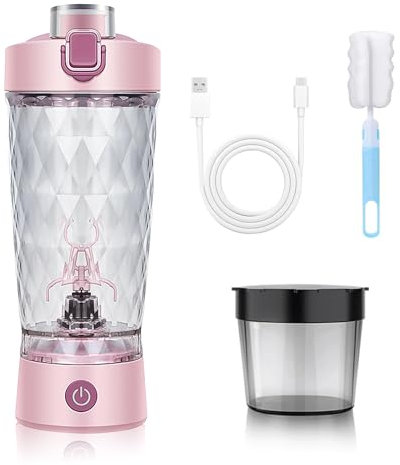 MeYuxg Shaker elettrico per proteine da 650 ml, senza fili, con funzione di miscelazione, bicchiere automatico con contenitore per polvere e spazzola per la pulizia, per sport, fitness e viaggi rosa
