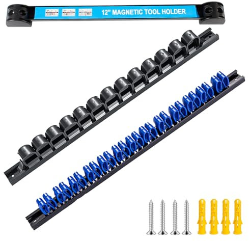 Set di Barra Magnetica per Attrezzi da Parete, 35 cm Striscia Magnetica Porta Attrezzi e 2 Pezzi da 35 cm di Porta Cacciaviti Blu e Nero, per Garage, Officina (blu)