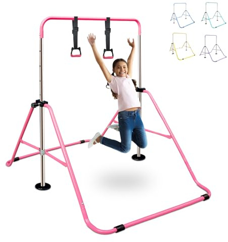 PRESENCIEL Gymnastics Bars, Folding Horizontal Bar with Rings for Kid, Junior Training Kip Bar, Adjustable Height, Gymnastics Training Equipment for Home Gym Indoor Garden Outdoor (Pink)