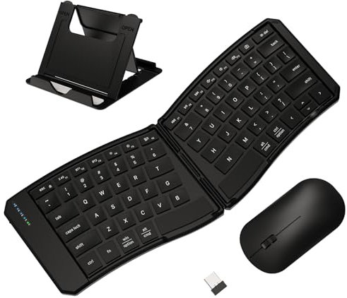 Ergonomic Foldable Keyboard and Mouse Combo, 2.4G+Dual Bluetooth Rechargeable Folding Keyboard Mouse for Travel and Business, Split Design, Portable Size for Laptop iPads Tablet Smartphone