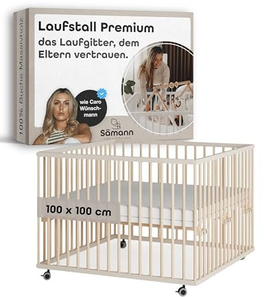 Sämann Premium Baby Laufstall aus Holz I Sahara Dust/Natur 100x100 cm I Stufenlos Höhenverstellbares Babybett aus Massivholz I Modernes Krabbelgitter & Sicheres Spielgitter I TÜV geprüft