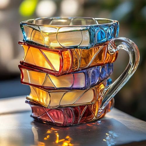 Hiborth Mug Livre Peint 3D pour Boissons Chaudes ou Froides – Tasse à Café en Forme de Pile de Livres, Book Coffee Mug pour Lecteurs, Bibliothécaires et Amoureux de Littérature (Multicolore A)