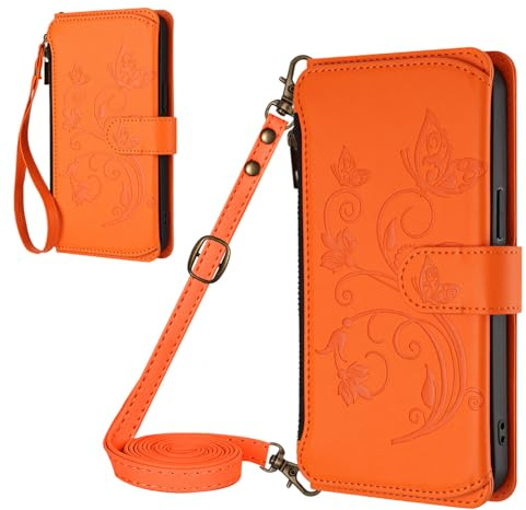 Orange Embossed PU Zipper Case Compatible with Blackview A52 Pro Phone Wallet Flip Zipper Shell Cellphone Shell Large Capacity Handbag Purse Zipper Pocket Magnetic Clutch with Wrist Strap