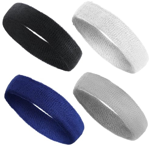 LIQWEI 4 Stück Schweißband Stirn, Sport Stirnband Schwarz Atmungsaktives Stirnband Baumwolle Schweißband Stirnbarnd Herren Sport Für Laufen Radfahren Joggen Tennis Fußball