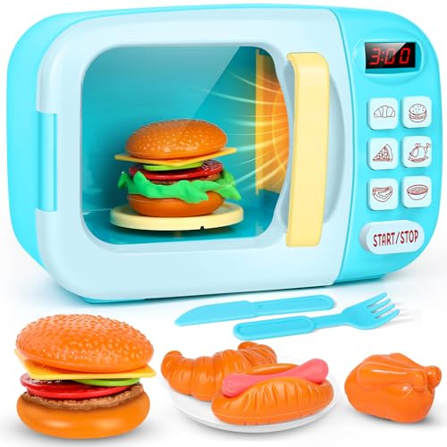 Kids Microwave Toy with Light and Sound, Microwave Oven with Pretend Play Kitchen Accessories and Play Food for Toddlers 3 Year Old Up Girls Boys (Blue)