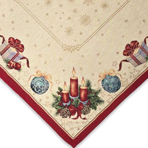 Centrotavola Quadrata Natalizia in tessuto Gobelin Piazzato, Tovaglietta con motivo natale, Decorazioni Natalizie per Tavola, 100% Made in Italy (Candela, Centrotavola 90 x 90 cm)