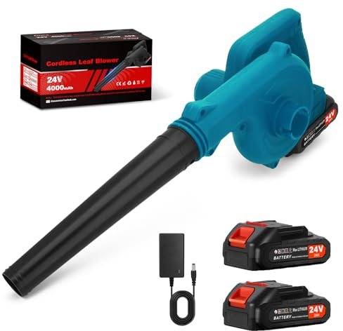 Souffleur de Feuilles sans Fil 24 V, Moteur sans Balais,Souffleur Batterie avec 2 Batteries et Chargeur, souffleur Puissant pour Jardin, terrasse, Garage, poussière, Neige et Poils d'animaux(Bleu)