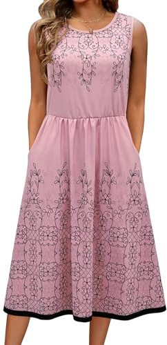 Dam sommarklänning ärmlös rund hals elegant blommig klänning fritidsklänningar A-linje midi tanktoppklänningar klänning med fickor strandklänning, Rosa tryck, L
