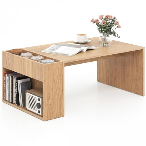 COSTWAY Coffee Table, Wooden Rectangle Cocktail Center Table with Storage Shelf and Compartment, Modern Accent Sofa Side Tea Table for Living Room Bedroom Office, 85x50x34cm (Natural)