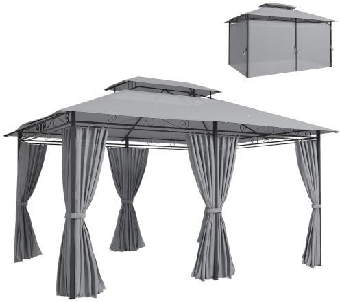Outsunny Pavillon 3x4m mit 6 Seitenteilen Partyzelt Doppeldach Dunkelgrau | Gartenpavillon, Gartenzelt, Festzelt