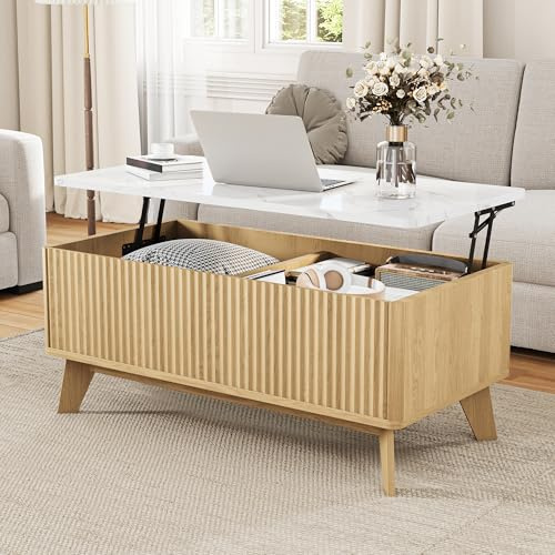 KOOPMAD Mesa Baja Elevable, Mesa de Salón Rectangular con Tablero Elevable Multifuncional, Moderna Mesa Baja con Almacenamiento, Mesas Bajas para Dormitorio, Salón, Oficina (Blanco+Madera)