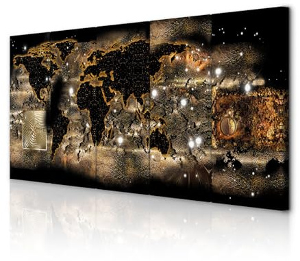 decomonkey Wandbilder Weltkarte 225x90 cm XXL 5 Teilig Leinwandbilder Welt | Strukturleinwand, Holzkeilrahmen, Bild auf Leinwand, Kunstdruck, Wanddeko, Wohnzimmer, Wanddekoration, Strahl, Kompass
