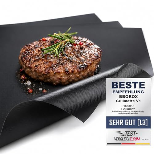 BLACKROX BBQ GRILLMATTE BBQROX 3ER SET (40×33 cm) – Grillmatten für Gasgrill, Holzkohle & Elektro – Wiederverwendbare Antihaft-Grill Matte für Fleisch, Fisch & Gemüse – Schwarz