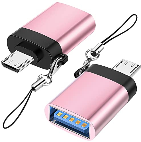 Seminer Adaptateur Micro USB vers USB 3.0 (Pack de 2) avec Lanière, Micro USB Mâle vers USB-A Femelle Adaptateur OTG Compatible avec Samsung S7 S6, Micro Appareils OTG, Clé Flash, Clavier (Or Rose)