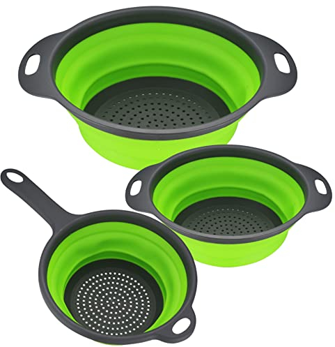 3 Pz Scolapasta Silicone Pieghevole Set, Filtro Cestino Cucina Domestica Campeggio con Manico, Drenante per Frutta Verdura Pasta, (Verde)
