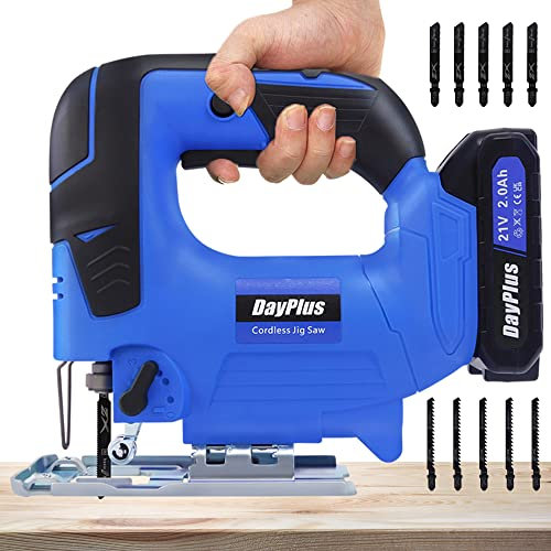Electric Jigsaws to Cut Wood and Metal, Cordless Jigsaw Tool, Battery Operated, 10x Blades, Angled Cut ± 45 °, 4 Orbital Sets, Tool-Less Blade Change & Dust Extractor Port & Fast Charger