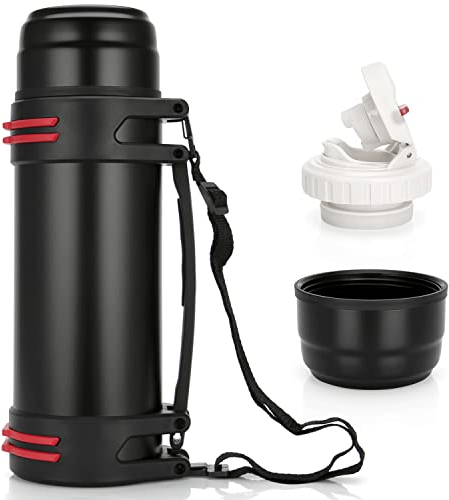 TELANKS Thermosflasche mit Becher 1 L, 1,5 L oder 2 L, Thermoskanne mit Becher, Trinkflasche Edelstahl Auslaufsicher, Isolierflasche Camping Oder Wandern mit Griff & Tragegurt, 24h Heiß & Kalt (1 L)