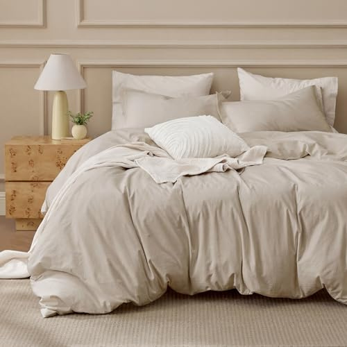 Bedsure 100% Washed Cotton Duvet Cover Queen Size - Oatmeal Minimalist Bedding Set Linen Like - PureWoven Plain Simple & Soft Comforter Cover for All Seasons (Oatmeal, Queen, 90x90)