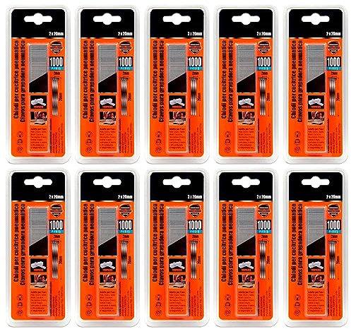 Tradineur - Pack de 10 blisters de 1000 Clavos para grapadoras neumáticas - Fabricado en hierro - Clavos de 2 x 20 mm