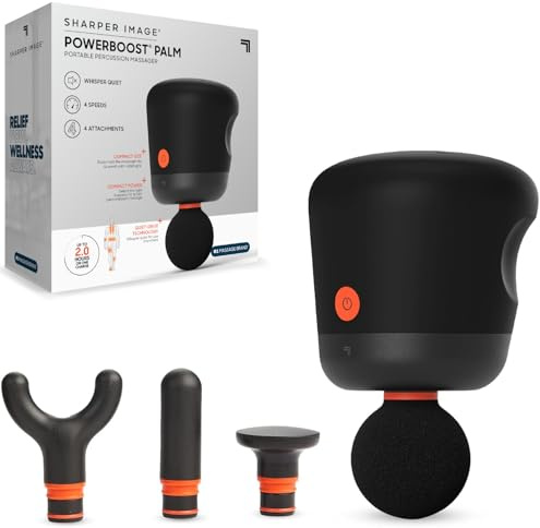 Sharper Image Mini Massage Gun, Powerboost Palm Rechargeable Deep Tissue Percussion Handheld Massager, 4 Adjustable Speeds, 4 Attachment Heads, Full Body Muscle Pain Relief Gift, Black