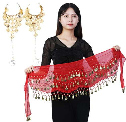 COACOM 1 Stück Bauchtanz-Taillenkette mit 2 Armbändern, Tanz-Performance-Zubehör, Pailletten-Wickelgürtel, dreilagiges Goldmünzen-Hüfttuch, Chiffon-Damen-Drapiergürtel für Partys, Festival-Auftritte