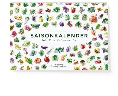 Saisonkalender für Obst & Gemüse, Ringkalender A4 oder A3 mit 101 farbigen Illustrationen der beliebtesten Obst- und Gemüsesorten Mitteleuropas ((A3 (29,7 × 42 cm))