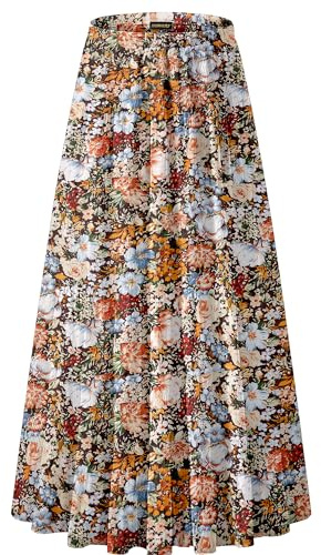 NASHALYLY Women's Chiffon Elastic High Waist Pleated A-Line Flared Maxi Skirts(Coffee Floral,XL)