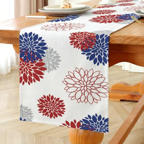 Vorysum Chemin de Table Moderne Dahlia Bleu Rouge Imperméable Extérieur Nappe Décoration de Table de Mariage Table Anniversaire Mousseline Cuisine Déco pour Table Basse Fêtes 40x140 cm