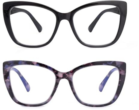 SKYWAY 2 Pack Occhiali da Lettura per Donna, Occhiali da Computer Oversize alla Moda con Blocco Luce Blu, Montatura Quadrata a Occhio di Gatto con Cerniera a Molla, Nero+Viola Tartaruga 1.0