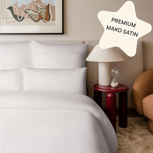 Amqua Mako Satin Bettwäsche 155x220 Weiß mit Stickerei | inkl. 80x80 Kissenbezug| wie Seidenbettwäsche oder ägyptische Baumwolle Bettwäsche | Weich & hochwertig| LUMI