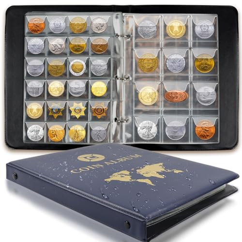 Album Monete da Collezione 300 Tasche,Raccoglitore Monete Collezione 2 Euro,Libro Porta Monete Trasparente 3.5 * 3.5 cm/4.5 * 4.5 cm,Album Monete 15 Pagine, Album per Raccolta delle Monete 25x19 cm