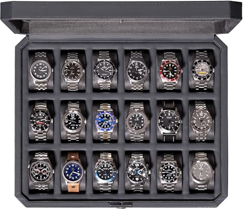 ROTHWELL Caja para relojes con 18 compartimentos, caja de almacenamiento de relojes de lujo para hombre, parte superior en auténtico cristal, con cerradura, elegante exhibición para colecciones