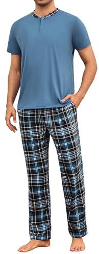 Aseniza Pigiama Uomo Top Girocollo a Maniche Corte e Pantaloni Lunghi a Quadri Pigiama da Due Pezzi Abbigliamento da Casa Comodo Blu M