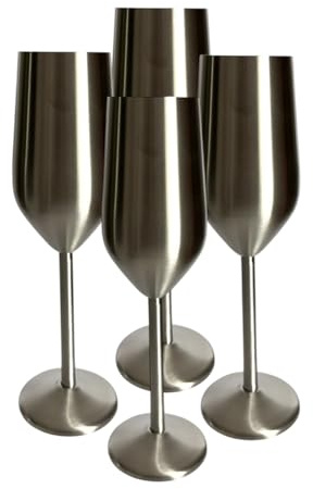 Laurie's Pub and Bar Accessories Set of 4 Stainless Steel Champagne Glasses | 220ml | Unbreakable Champagne Flutes (Brushed Silver)