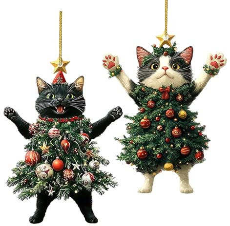2PCS Cat Christmas Tree Decorations, Acrylic Animal Ornament Pendant, Cute Pet Rustic Seasonal Décor, Christmas Ornaments For The Home, Ceiling, Shelf, Bookshelf Car (2pcs)