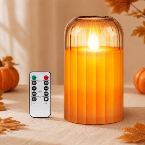 PinnWaa Bougie LED en Verre Sans Flamme à Piles, Lumière Vacillante, Orange | Télécommande, Minuterie 24 Heures, Luminosité Réglable, Décoration Maison, Fête, Mariage et Anniversaire, D 7,5 × H 15 cm