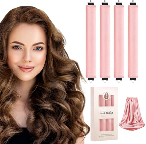 LOPHE 4 Stück Hitzefreie Lockenwickler, Overnight Blowout Locken Ohne Hitze, Hitzefreier Lockenstab für alle Haartypen,Mit Eisendraht DIY Heatless Curls Band Frisurenset Für Langes (Rosa)